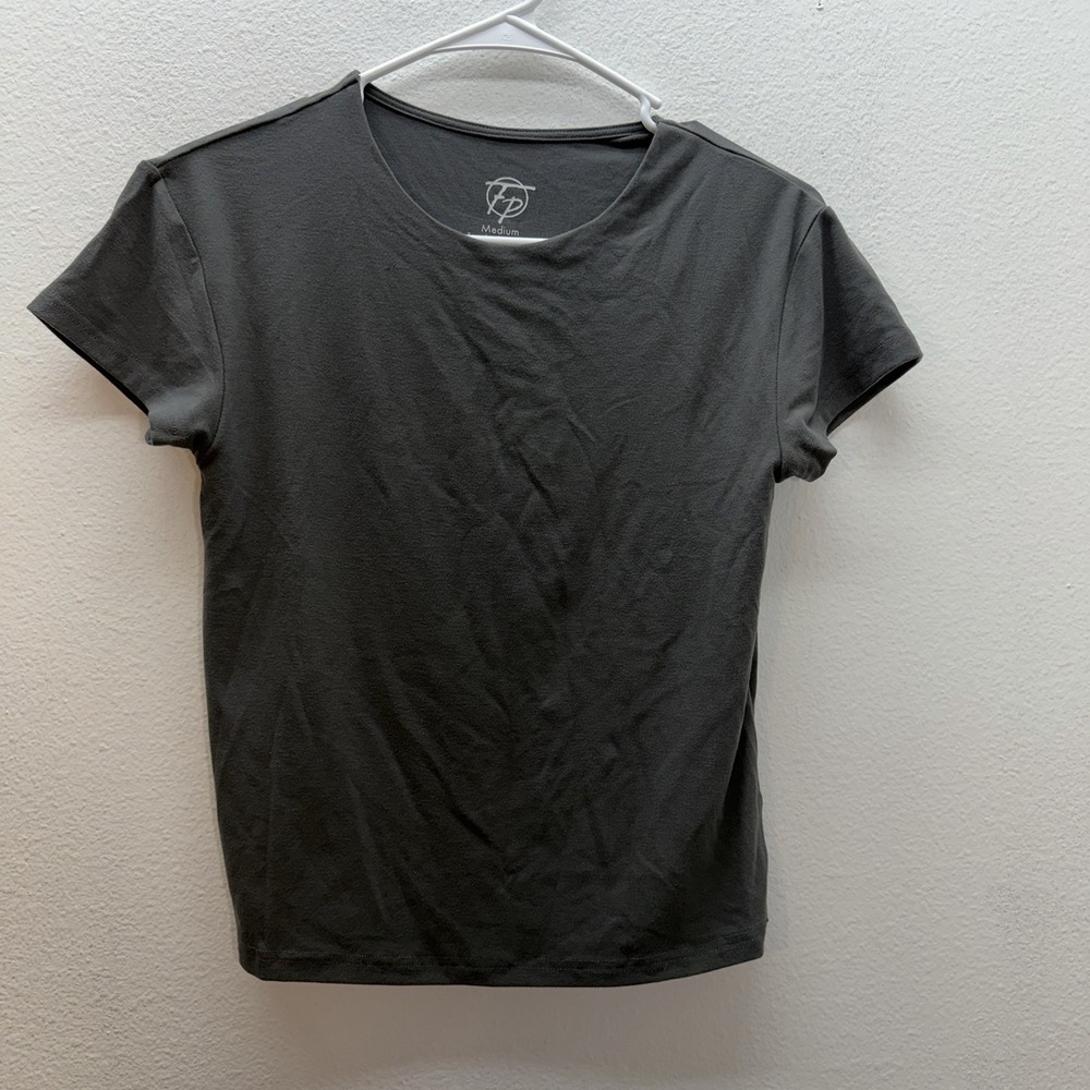 Faceplant Dreams Women's Gray Scoop Neck Tee Short Sleeves Bamboo Size M Cropped